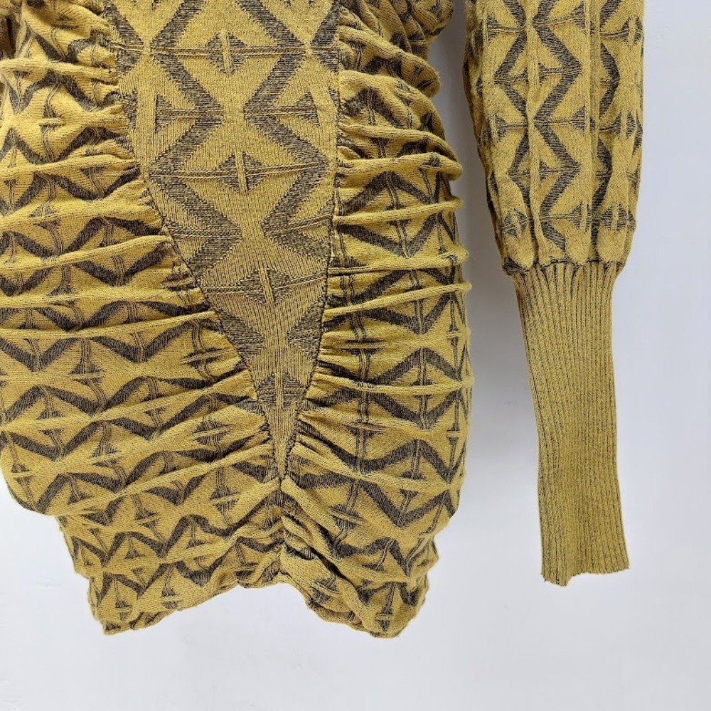 Zara Knit Dress Women's Small Mustard Geometric Ruched Puff Sleeve Mini Retro - Picture 6 of 9